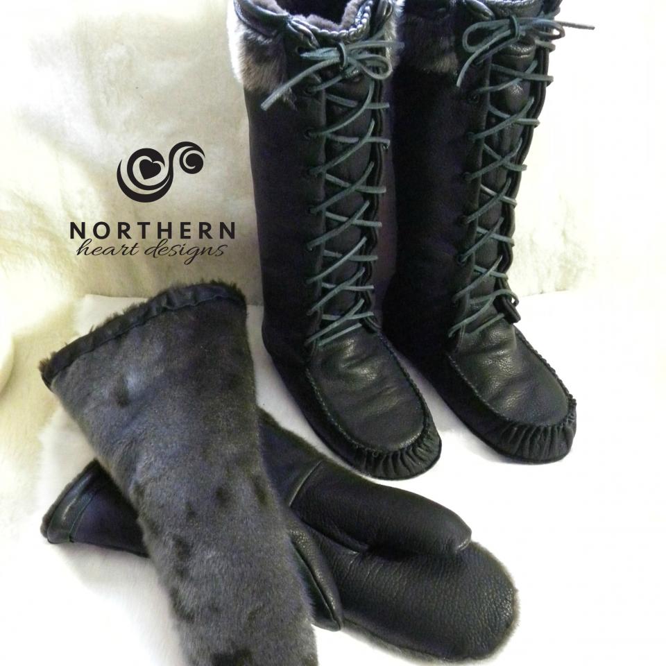 Winter trapper style mukluks with matching gauntlets