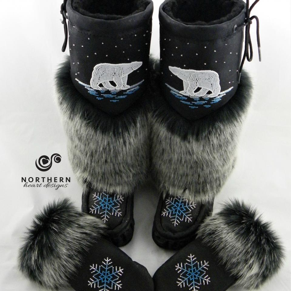 Vegan Knee-high Style mukluks with matching mitts