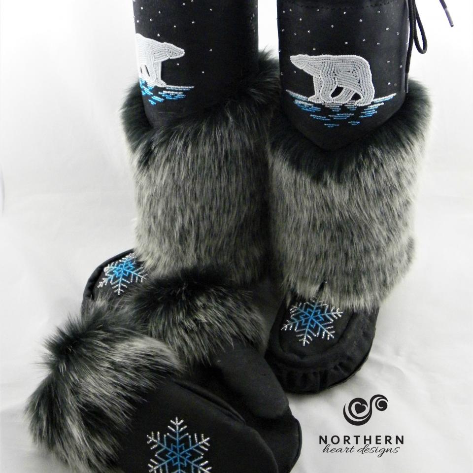 Vegan Knee-high Style mukluks with matching mitts