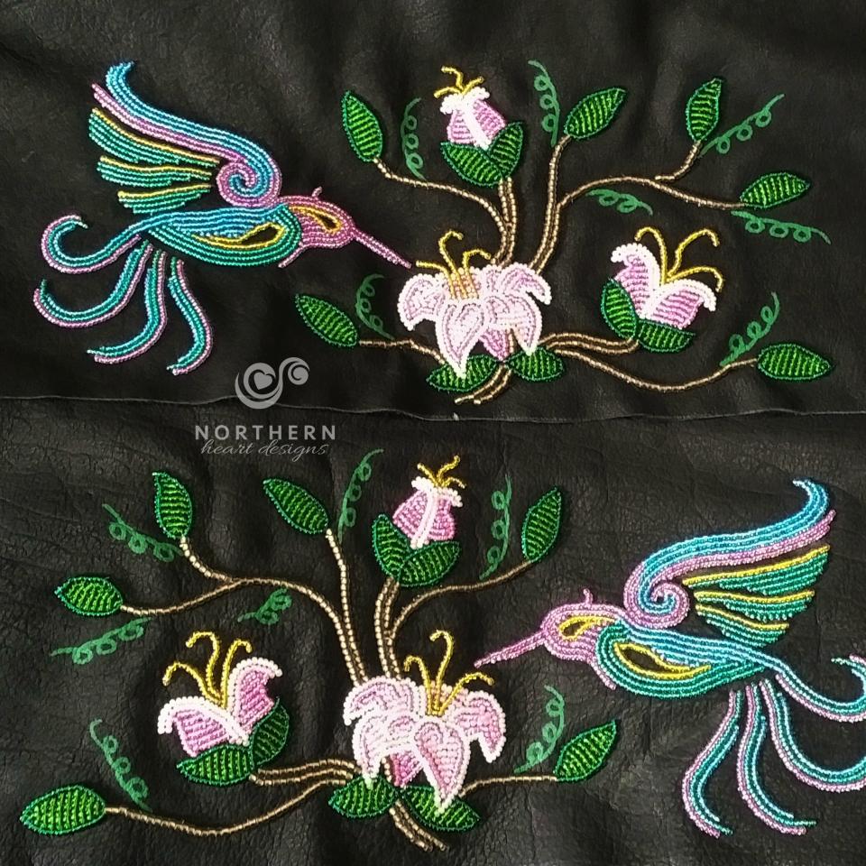 Full panel stylized hummingbird and flowers