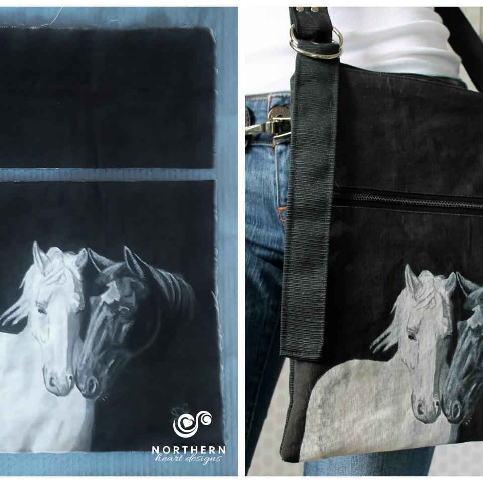 Raw canvas panel, horses; Faith Triple Zip Bag*