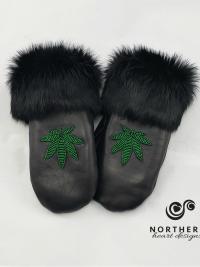 leather mitts, fur trim mitts, beaded mitts, marijuana leaf