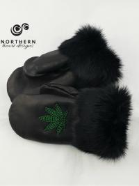 leather mitts, fur trim mitts, beaded mitts, marijuana leaf