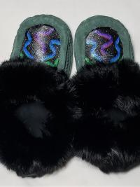 Moccasin slippers, leather painted designs, Ladies 6-7.