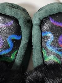 Handmade moccasin slippers, Northern Lights painted designs, Ladies 7-8.