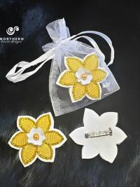 Beaded Daffodil on cork (vegan) leather with lace agate stone- Charitable Pin Campaign