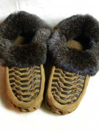 moccasins, slippers, leather weave, leather, fur