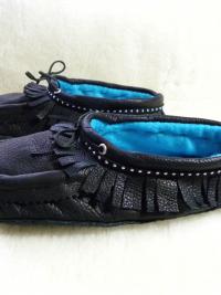 bison hide, black leather, outdoor moccasins