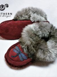 beaded moccasins, moccasin slippers, leather, fur, beading, handmade moccasins