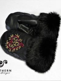 leather mitts, beaded mitts, leather, fur