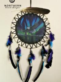 dreamcatcher, painted dreamcatcher, leather art, eagle feather