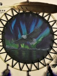 dreamcatcher, painted dreamcatcher, leather art, eagle feather