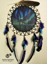 dreamcatcher, painted dreamcatcher, leather art, eagle feather