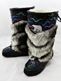 mukluks, beaded mukluks, leather fur mukluks, tiered fur mukluks