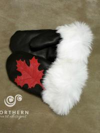 Canada mitts, leather mitts, leather applique, maple leaf