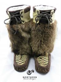 laced mukluks, feather beading, raccoon fur, leather, fur, mukluks