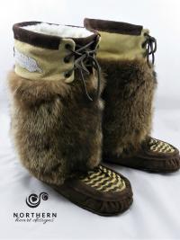 laced mukluks, feather beading, raccoon fur, leather, fur, mukluks