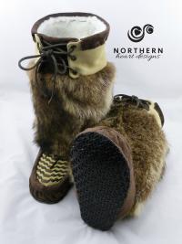 laced mukluks, feather beading, raccoon fur, leather, fur, mukluks