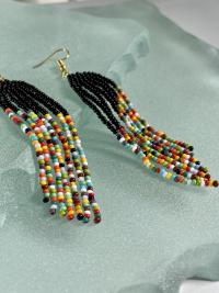 Rainbow with black beaded fringe  earrings 