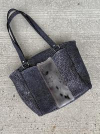 Metallic Silver and Charcoal Grey Leather Shoulder Bag with Sealskin Accent