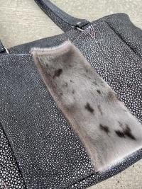 Metallic Silver and Charcoal Grey Leather Shoulder Bag with Sealskin Accent