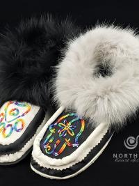 Vegan moccasin slippers with beading and faux fur