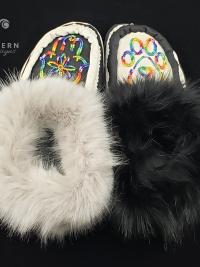 Vegan moccasin slippers with beading and faux fur