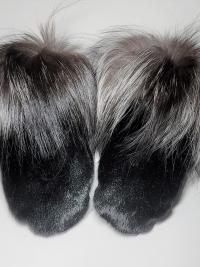 Black Seal Skin and silver Fox Fur trimmed mitts - Size Large