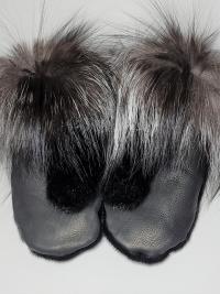 Black Seal Skin and silver Fox Fur trimmed mitts - Size Large