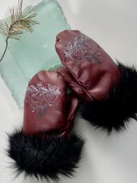 Burgundy vegan embroidered mitts with crystal accents - size medium
