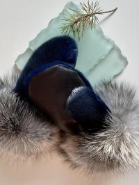 Royal Blue Seal Skin and Fox Fur trimmed mitts - Size Medium