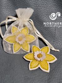 Beaded Daffodil on cork (vegan) leather with lace agate stone- Charitable Pin Campaign