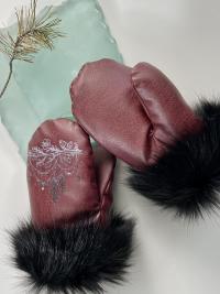 Burgundy vegan embroidered mitts with crystal accents - size medium