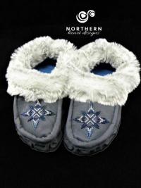 Vegan moccasin slippers with beading and faux fur