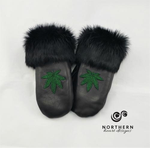 leather mitts, fur trim mitts, beaded mitts, marijuana leaf