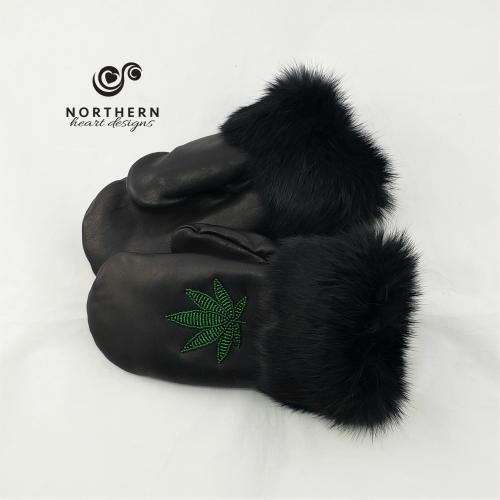 leather mitts, fur trim mitts, beaded mitts, marijuana leaf