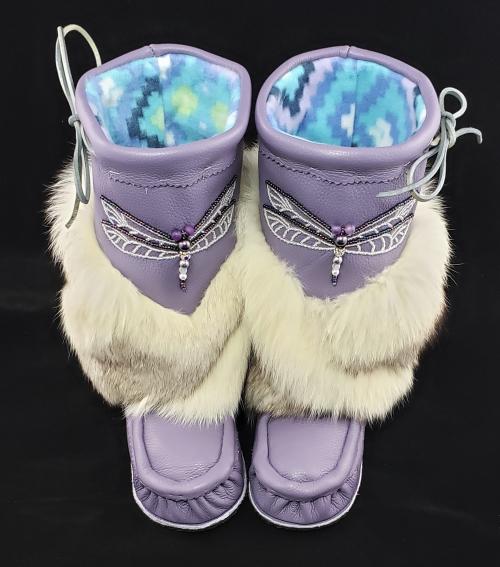 Mid-Calf Style Mukluks, Lilac colour with Dragonfly Beading, Ladies 7 (fit 6.5-7.5)
