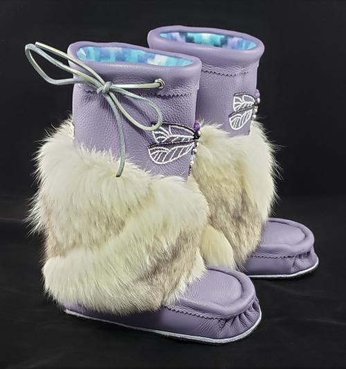 Mid-Calf Style Mukluks, Lilac colour with Dragonfly Beading, Ladies 7 (fit 6.5-7.5)