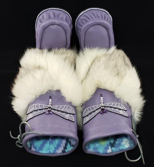 Mid-Calf Style Mukluks, Lilac colour with Dragonfly Beading, Ladies 7 (fit 6.5-7.5)