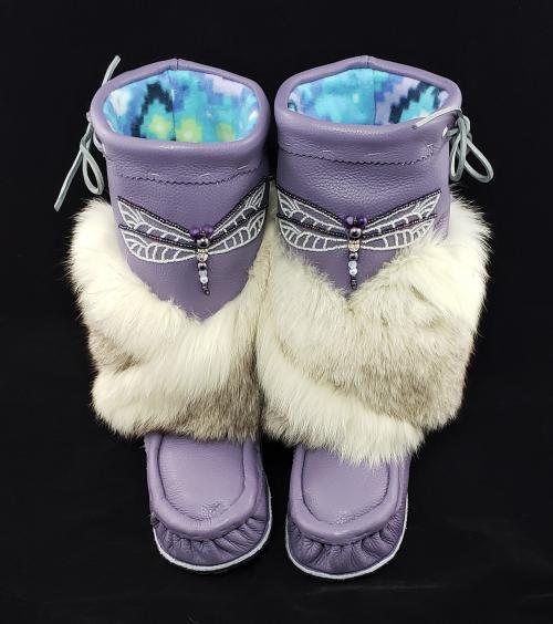 Mid-Calf Style Mukluks, Lilac colour with Dragonfly Beading, Ladies 8 (fit 7.5-8.5)