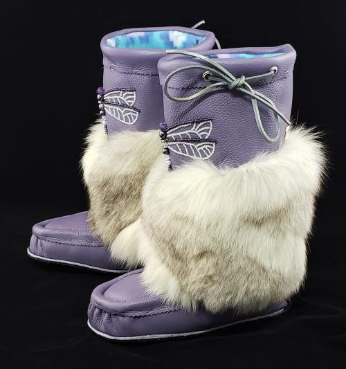 Mid-Calf Style Mukluks, Lilac colour with Dragonfly Beading, Ladies 8 (fit 7.5-8.5)