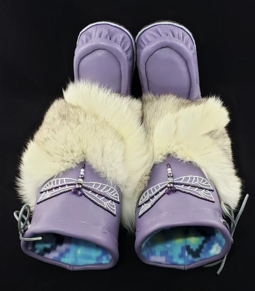 Mid-Calf Style Mukluks, Lilac colour with Dragonfly Beading, Ladies 8 (fit 7.5-8.5)