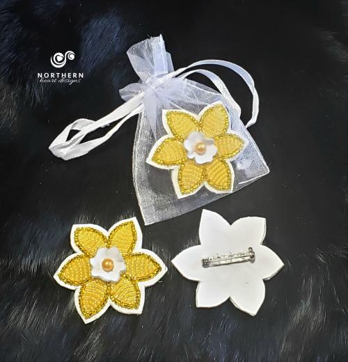 Beaded Daffodil on cork (vegan) leather with lace agate stone- Charitable Pin Campaign