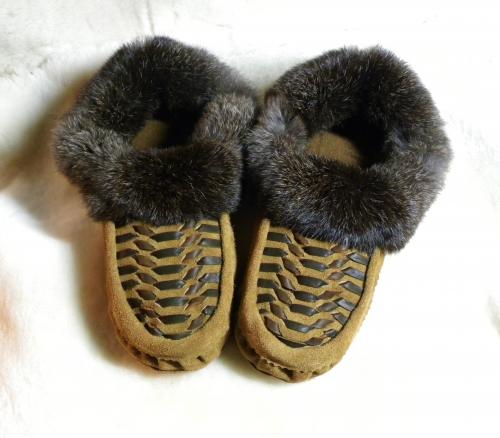 moccasins, slippers, leather weave, leather, fur