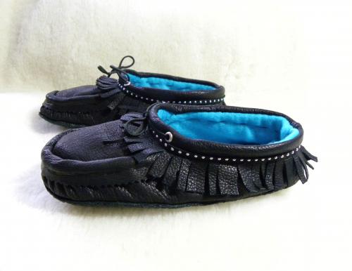 bison hide, black leather, outdoor moccasins