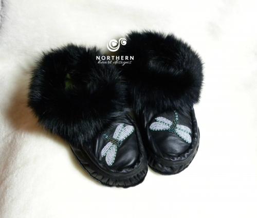 beaded moccasins, moccasin slippers, leather, fur, beading, handmade moccasins