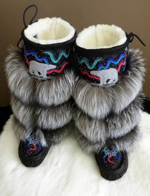 mukluks, beaded mukluks, leather fur mukluks, tiered fur mukluks