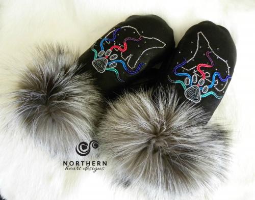 beaded mitts, leather mitts, fur mitts