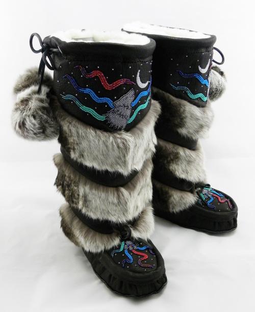 mukluks, beaded mukluks, leather fur mukluks, tiered fur mukluks