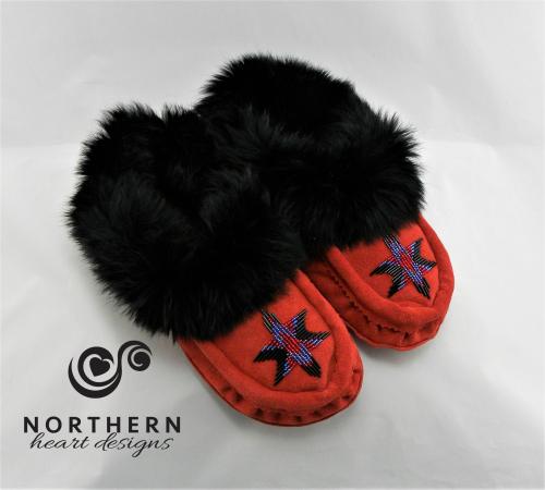 moccasins, beading, leather, suede, fur, slippers